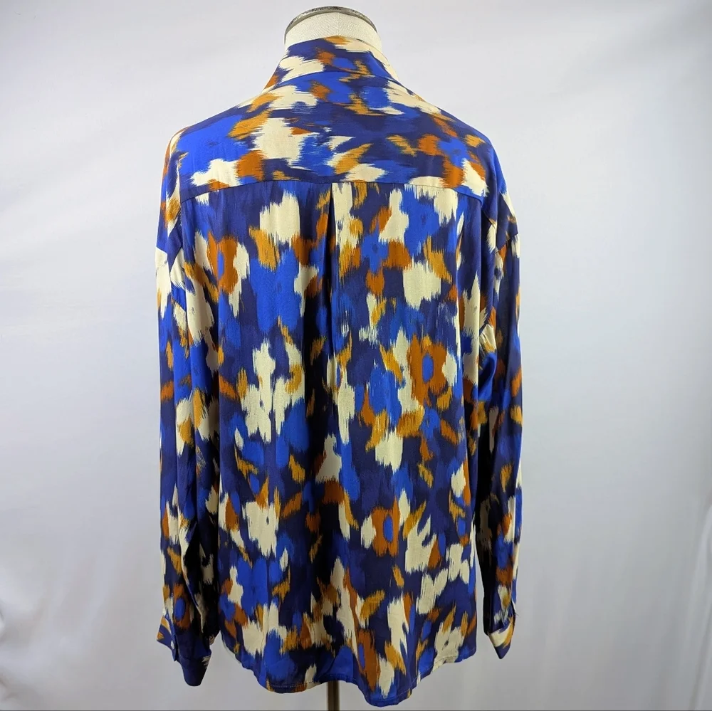 ANNA KAY Button Front Blouse Top Long Sleeve Spread Collar Abstract Print Blue L - Picture 6 of 11